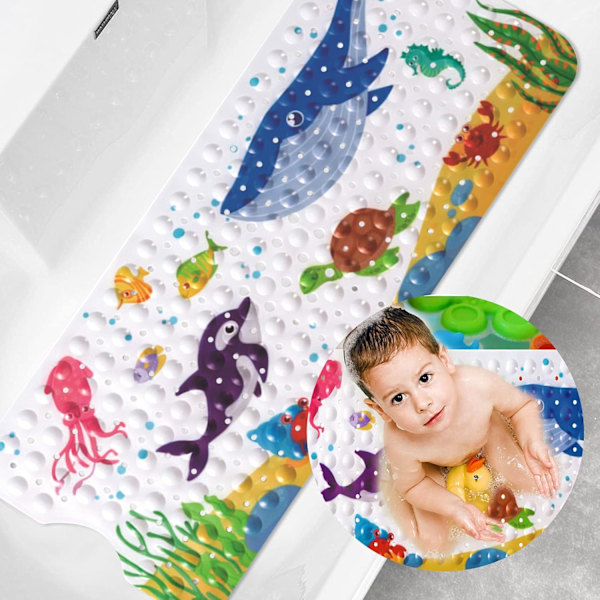 Halkskyddad badrumsmatta, 100 x 40 cm halkfri badmatta, med 200 sugkoppar PVC-material, duschmatta med tecknade marina djur för barn och baby