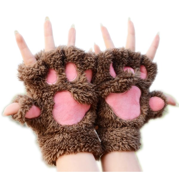 Styck Dubbla kattklohandskar, söta tecknade öppna fingerhandskar på vintern, tjocka handskar i björntassform, halvfinger, kaffefärg