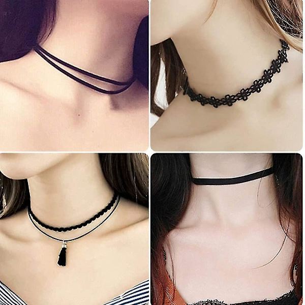 Choker Halskæde Sort 8 Stk Fløjls Chokers Sort, Sort Klassisk Gotisk Choker
