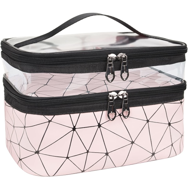 Kosmetisk väska dubbel lager resor kosmetika box smink förvaring necessär rosa