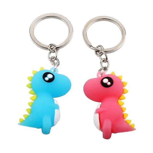 2 stk Dinosaur nøkkelring, stilig søt silikon nøkkelring anheng, todelt blå og rosa