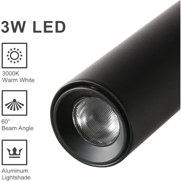 Sort læselampe, fleksibel svanehals LED-lampe 3W 3000K vægmonteret læselampe 240V med afbryder til soveværelser indendørs stue