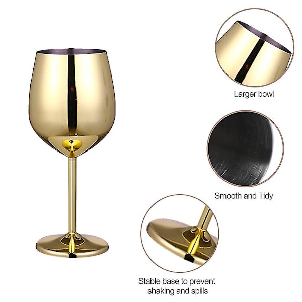 2 stk rustfritt stål vinglass - Uknuselige vinglass for reiser, camping og basseng, 500 ml Gold