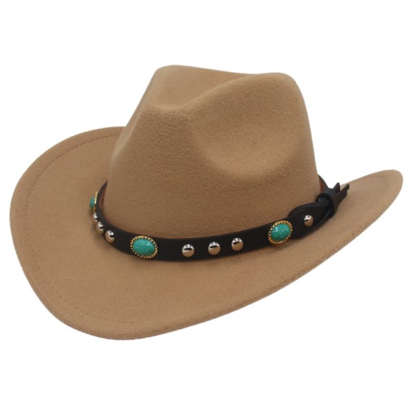 Fashion Rivet Roll Up Wide Rim Western Cowboy Cowgirl Hat Sombrero Jazz Cap Lysebrun