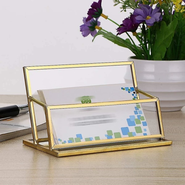 Glass Business Card Holder Stand - Vintage Gold Metal Name Card Display Stand