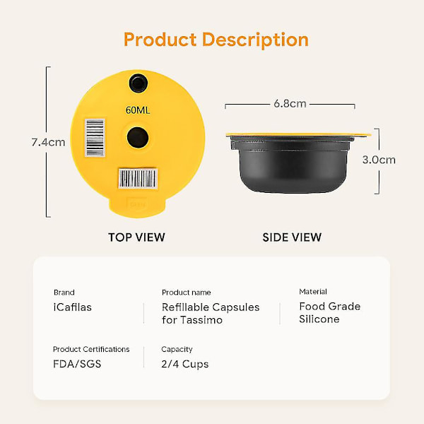 Icafilas återanvändbar kaffekapsel 60/180 ml för Tassimo Bosch-maskin Påfyllningsbar filterkopp Pod Espressobryggare Livsmedelsklassat silikon