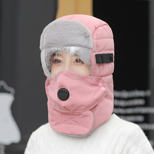 Vinter varm og fortykket Lei Feng hat udendørs cykelbriller til mænd og kvinder, hættehat, vindtæt skibomuldshat pink