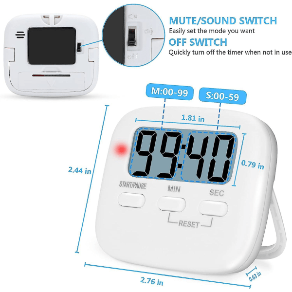 Korta tid larmklocka, 2 stycken, kökstimer, digital timer, magnetisk äggtimer, köksklocka, nedräkningsur, kök med LCD högt larm Fo