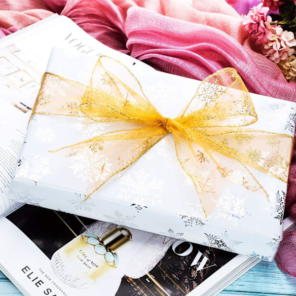 Paket med 6,3 cm 11 meter organza band snöflingor trådbunden klar glitter band med spole för juldekoration, presentinslagning, festdekoration guld