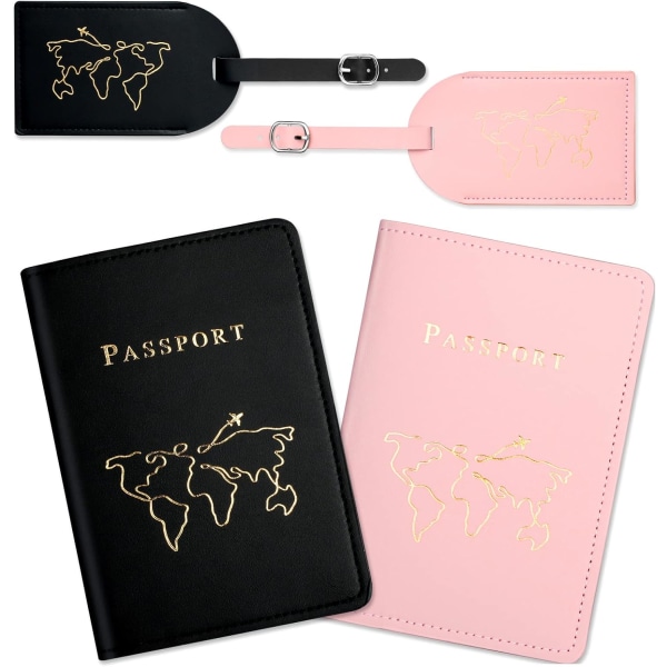 Matkatavaralipukkeet ja passin kannet, 2xPU-nahkainen matkalaukun etiketti, 2x matkapassin pidike, matkatavaralipukkeet laukkujen ja matkalaukkujen katoamisen estämiseksi musta+vaaleanpunainen