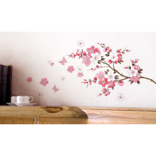 Väggklistermärken KÖRSBÄRBLOMMOR med fjärilar rosa röd I sakura vin blommig gren träd klistermärke väggklistermärke för vardagsrum sovrum kök kakel ha