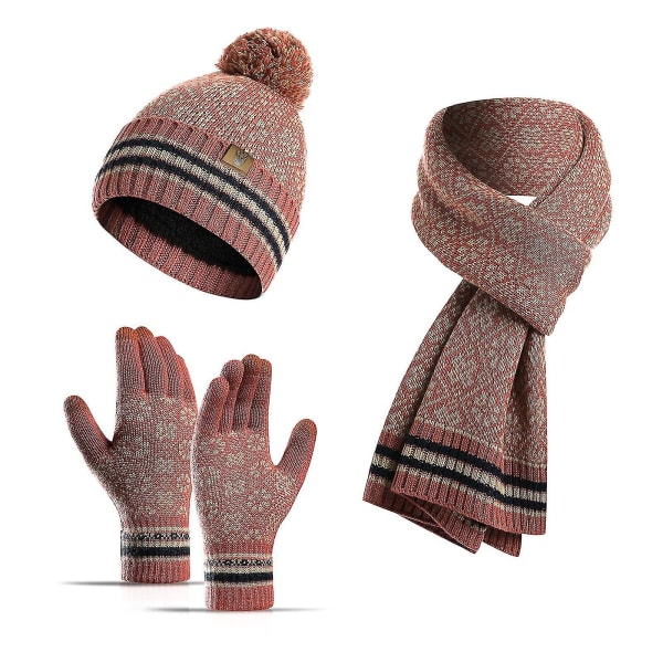 3st Vintermössa och pekskärmshandskar för kvinnor halsvärmare halsduk Set Fleecefodrad cap
