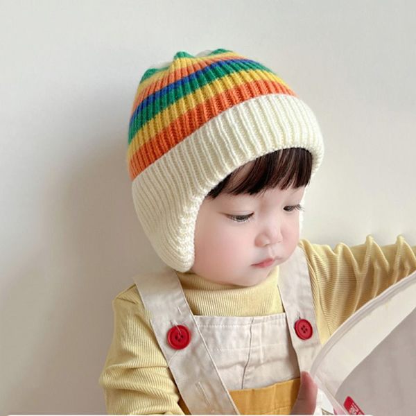 Barnehatter, høst og vinter koreansk stil strikkede hatter, fargerike ullhatter, varme ørebeskyttelseshatter for jenter og gutter, trendy genserhatter