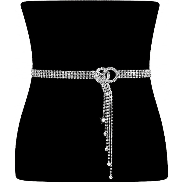 Kvinnor Strassbälte Silver Glänsande Diamant Mode Kristall Damer Dubbel O-ring midjebälte för jeansklänningar
