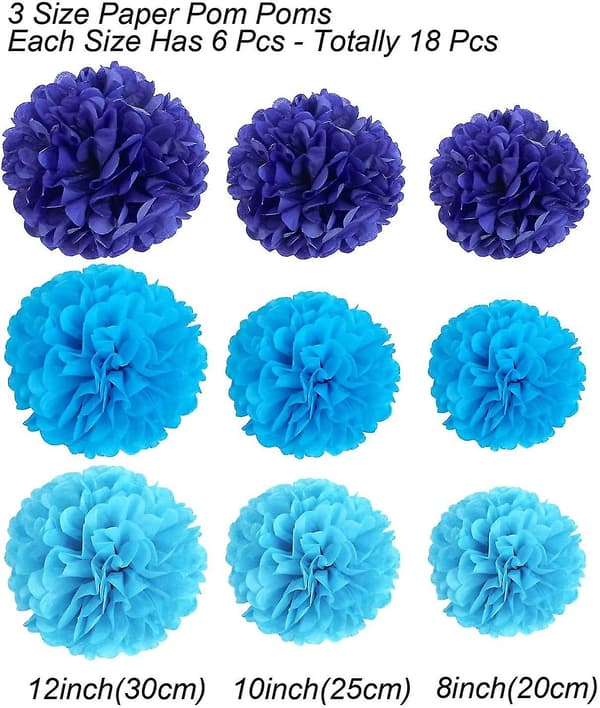 Pakke med 18 blå pomponblomster, dekorationspapirssæt til fest Blue