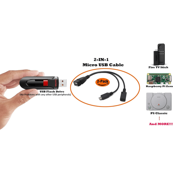 AuviPal 2 i 1 Micro USB till USB-adapter (OTG-kabel + strömkabel) för FireStick, Playstation Classic och mer - 2-pack