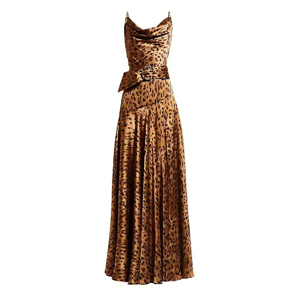 Twotwinstyle Leopard Split Thigh Sexy Sling Klänning För Kvinnor V-Ringning Ärmlös Hög Midja Colorblock Midi Klänningar Kvinnliga Kläder S