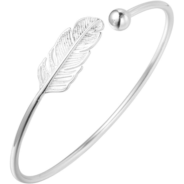 925 Enkelt Etniskt Bohémiskt Fjäder Öppet Smycke Armband Silver