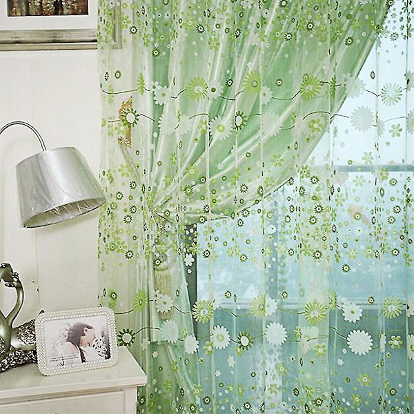 Blomstrede Voile Gardiner 1 Panel Stanglomme Slot Top Net Vindue Dekoration Green 100 x 200cm