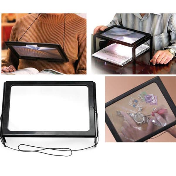 Full Page Magnifier Reading Desktop Portable Standing Hands Free Magnifier Med 4 Led Lys Rektangulær 3x Hængende Rem Loupe -ingen Batterier