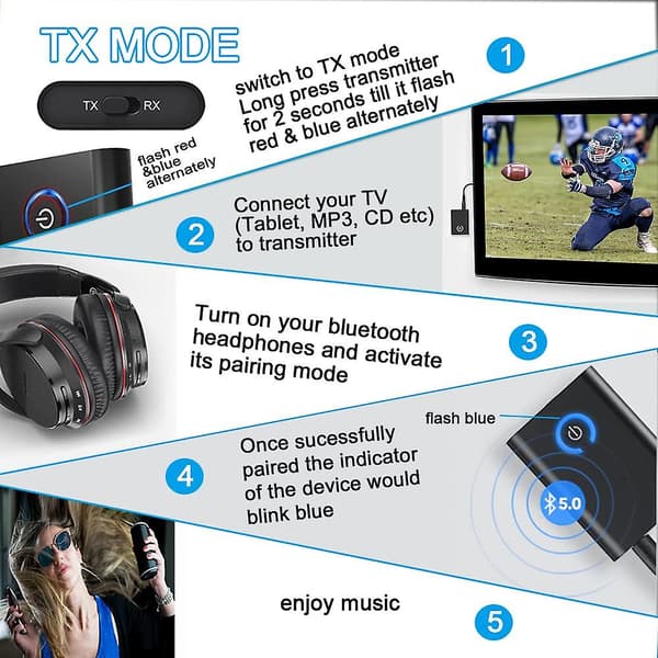 Bluetooth 5.0 sender og mottaker, 2-i-1 trådløs 3.5 mm adapter, mini bærbar 3.5 mm jack, lav ventetid