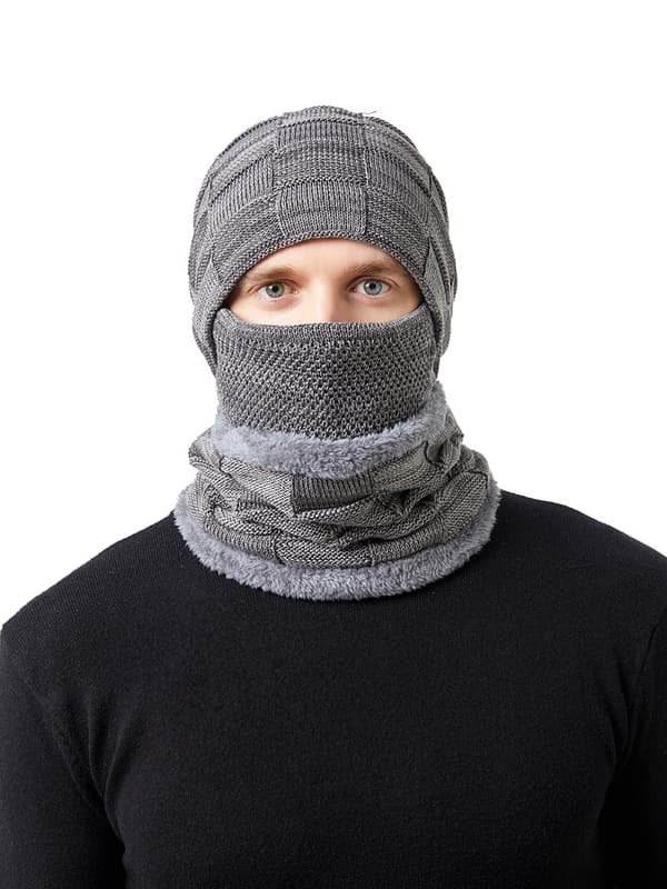 Varm 4-delad mössa, halsduk, mask och handskar för män och kvinnor grå