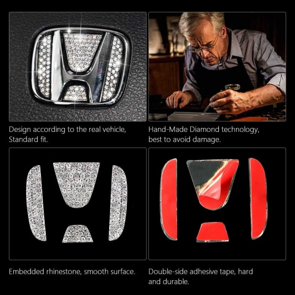 2 sæt Bling Crystal Bilstylingsrat Logo Cover Center Logo Dekorative klistermærke til Honda Logo Tilbehør Accord Civic CR-V XR-V HR-V Sølv
