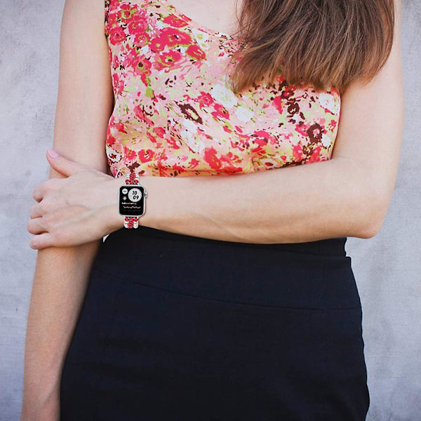 Perlenylonsrem kompatibel med Apple Watch-rem 40mm 38mm for kvinner jenter, justerbar perle smykkevev nylon Red