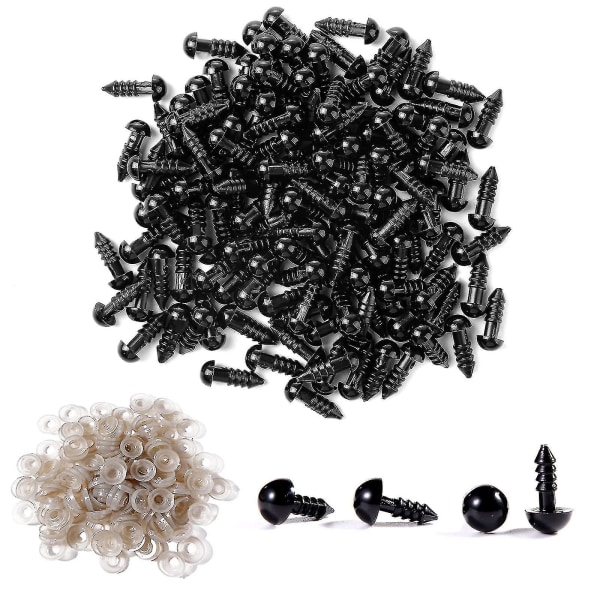 100 stk Sikkerhetsøyne 6/8mm plast svarte håndverksøyne Bamseøyne med skiver 6MM