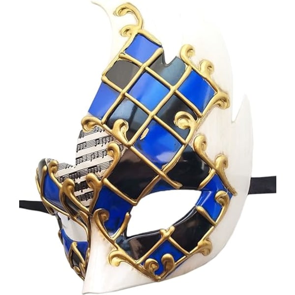 Maskeradmask för män, retro venetiansk rutig musikfest karnevalmask blå