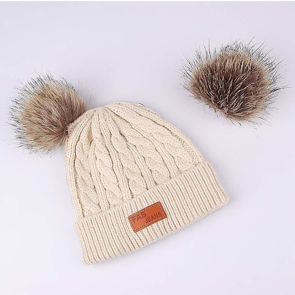 Toddler Woolen Hat Winter Twist Double Pom Pom Knitted Beanies Cap Mörkrosa Beige
