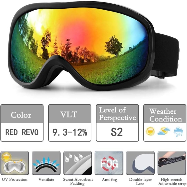 Skidglasögon, snöskoterglasögon, anti-fog UV400 dubbla linser, lämpliga för män, kvinnor, tonåringar och barn som åker skidor