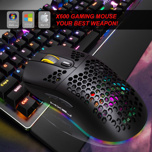 X600 RGB lysande makro programmering spelmus 6 nycklar kan släcka lamporna Stöd för olika spel trådbunden mus