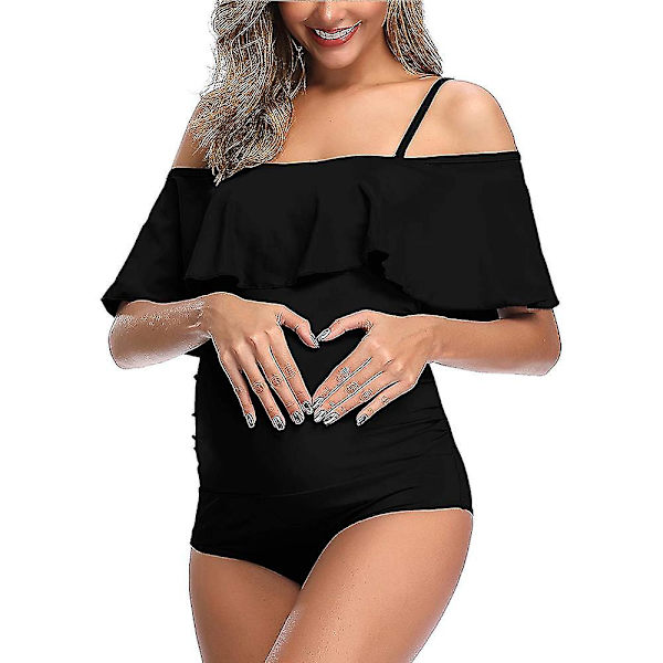 Maternity Off Shoulder One Piece Badkläder Volang Blommig Ruffled Graviditet Baddräkt Large