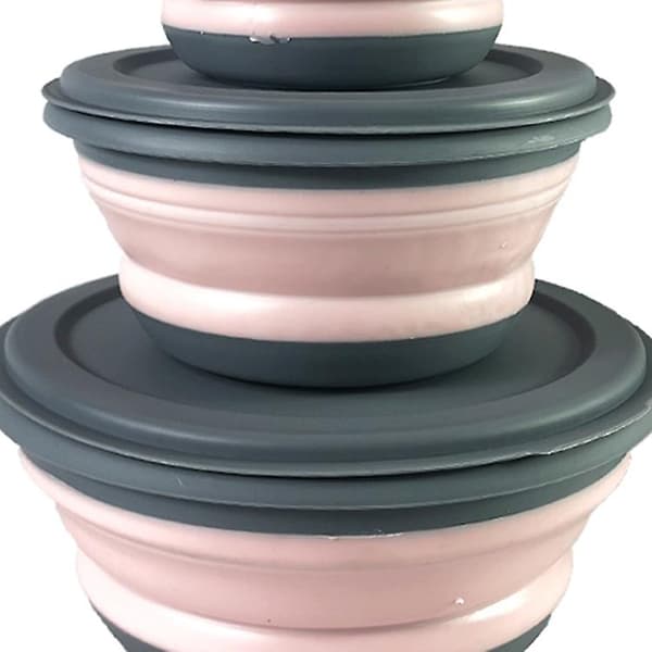 Sammenfoldelig skål med låg, silikone bærbar sammenfoldelig skål camping 3 stk Pink
