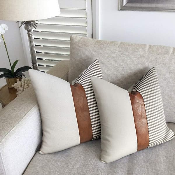 Sæt med 2 Farmhouse Decor Stripe Patchwork Linned Pudebetræk, Moderne Tan Kunstlæder Accent Pudebetræk 18x18 tommer, Grå