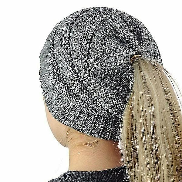 Stretch Crochet Knitted Hat Messy Bun Ponytail Beanie Holey C