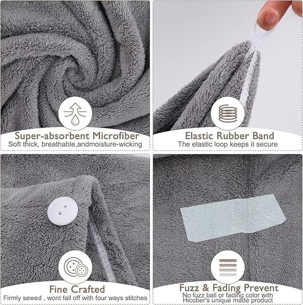 3-pack superabsorberande mikrofiberhanddukar för hårtorkning med knappar (grå, rosa, blå)