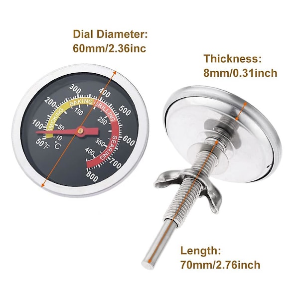 Bbq-termometer, grilltermometer, glaslinse rustfrit ståltermometer varmeindikator