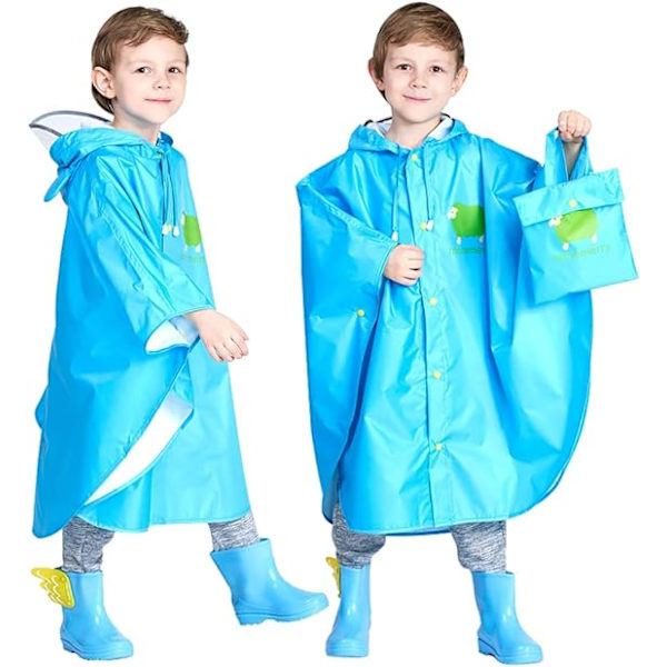 Barn poncho tecknad regnrock jacka lätt skolväska vattentät huva regnrock småbarn pojke flicka poncho blå, 5-7T