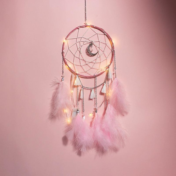 Led Dream Catcher, Håndlavede Dream Catchers Til Soveværelse Væg Hængende Dekorationer Ornamenter Håndværk (Mørkegrøn) Pink