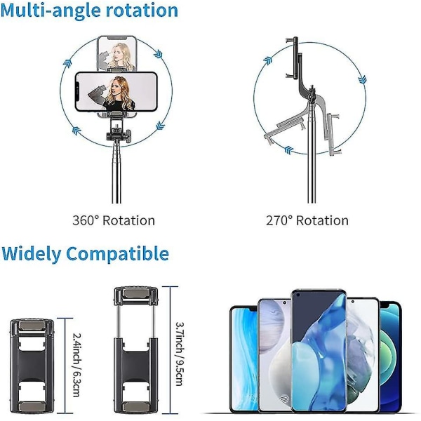 Selfie-pinne med stativ og Bluetooth-fjernkontroll. 3-i-1 trådløs 360-graders rotasjon selfie