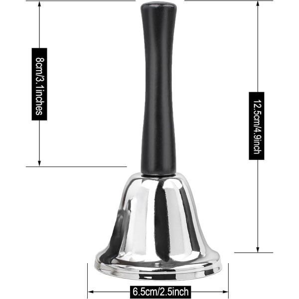 Pakke håndklokke, sølv stålklokke, klokke med håndtak, middagsklokke i klasserom, for matlinje, alarm, jingle, sølvklokke