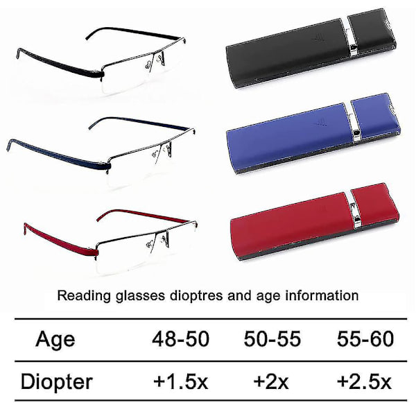 Halvram läsglasögon i klar glas för män och kvinnor, lätta elegant red 2.5