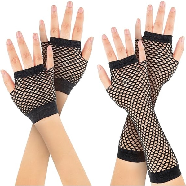 2 par med lange og korte fiskenett hansker (svart) Fingerless fiskenett hansker Mesh hansker 80-talls fiskenett hansker Hansker for 80-talls fancy dress tilbehør