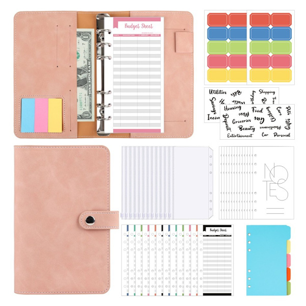 1 Set A6 Retro självhäftande mjuk PU läder anteckningsbok kontantbudget kreativ handbok revisor ljusrosa