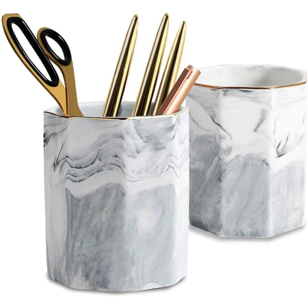 2-pack keramisk pennhållare Stativ, kopp för skrivbord Marmormönster Sminkborsthållare