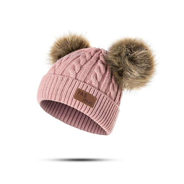 Toddler Woolen Hat Winter Twist Double Pom Pom Knitted Beanies Cap Mörkrosa Dark Pink