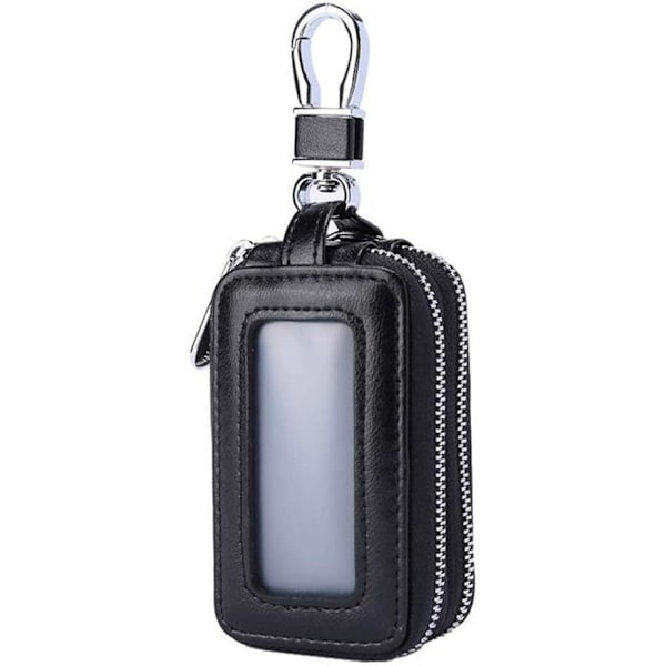 Sage Black - Car Key Holder Bag Double Zipper Leather Key Protection Coin Purse Keychain with Clear Window for Car Key Remote Control