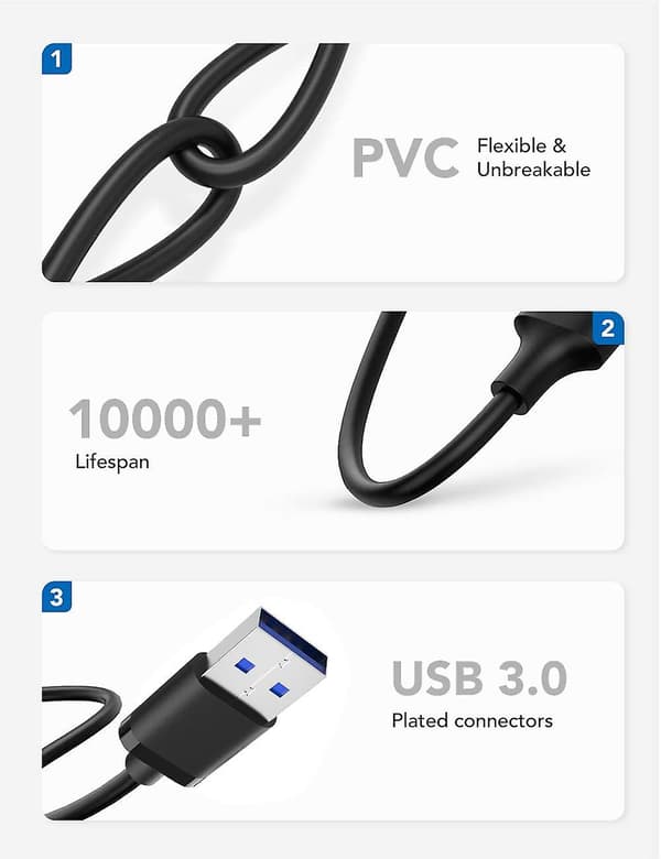 Link-kabel 10 fot (3 meter), høyhastighets dataoverføring Usb 3.2 Gen 1 3M